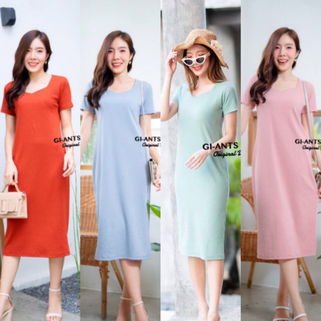 GI-ANTS เดรสแขนสั้น คอ 5 เหลี่ยม  ผ้าร่องใส่สวยมากๆ G113