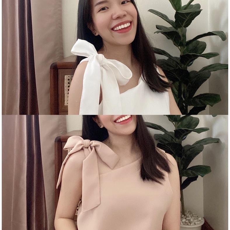 เสื้อเบี่ยงไหล่ ผูกโบว์ (พร้อมส่งชมพู )