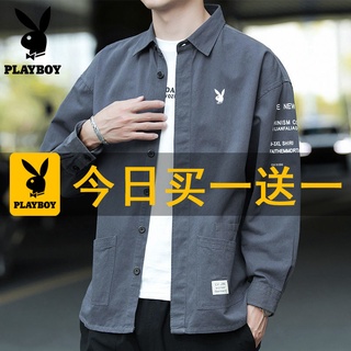 ☂♕✻Playboy ผ้าฝ้ายแขนยาวเสื้อเชิ้ตผู้ชายฤดูใบไม้ผลิและฤดูใบไม้ร่วงเยาวชนหลวมสบายๆเสื้อแขนยาวเสื้อแจ็คเก็ตฤดูใบไม้ร่วง ti