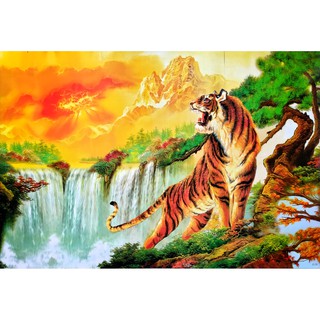 โปสเตอร์ รูปวาด ภูกันจีน เสือ ภาพมงคล เสริมฮวงจุ้ย Tiger 水墨 POSTER 23”x34” นิ้ว Chinese Brush Painting Ink Wash Art V2