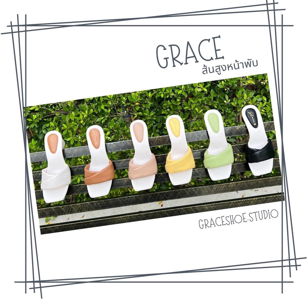 GRACE ส้นสูงพับ ไซส์ 36-43 รองเท้าผู้หญิงเปิดส้น แตะส้นสูง 2 นิ้ว รองเท้าแฟชั่นน่ารัก หนังนิ่ม