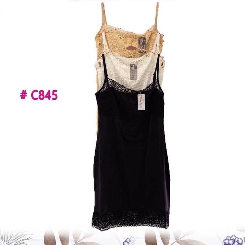 Sisterhood 845 ชุดกระโปรงสายเดี่ยว คอลูกไม้ ปรับสายได้ ผ้าลื่นใส่สบาย ไม่แนบเนื้อ ฟรีไซส์