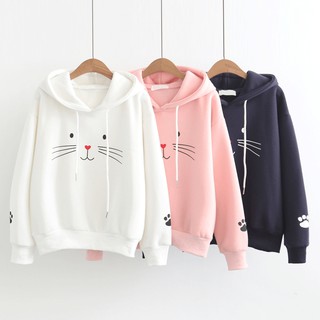 พร้อมส่ง 🐱เสื้อฮู้ดแขนยาวปักลายหน้าแมว