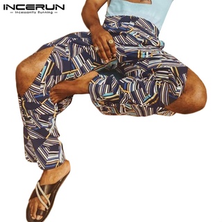 INCERUN Men Fashion Design Front Split Printed Loose High Waist Long Pants