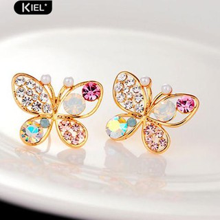 Kiel ตุ๊กตาหมี Rhinestone น่ารักเก๋ Hollow Butterfly Ear Stud เครื่องประดับต่างหู