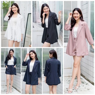 ชุดเซ็ตสูท AD 409 Pinstriped Blazer Tailored Shorts  By Adora.Brandofficial