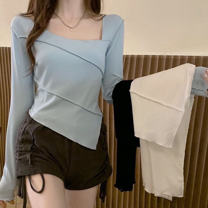【WJZ】 เสื้อยืดคอเหลี่ยมแขนยาวสีทึบไม่สม่ำเสมอ【6880】