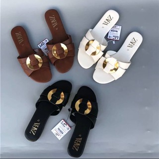 ✨พร้อมส่ง36-41✨รองเท้าส้นแบน ZARA เเต่งหนังหวงทอง ขาว,น้ำตาล,ดำ