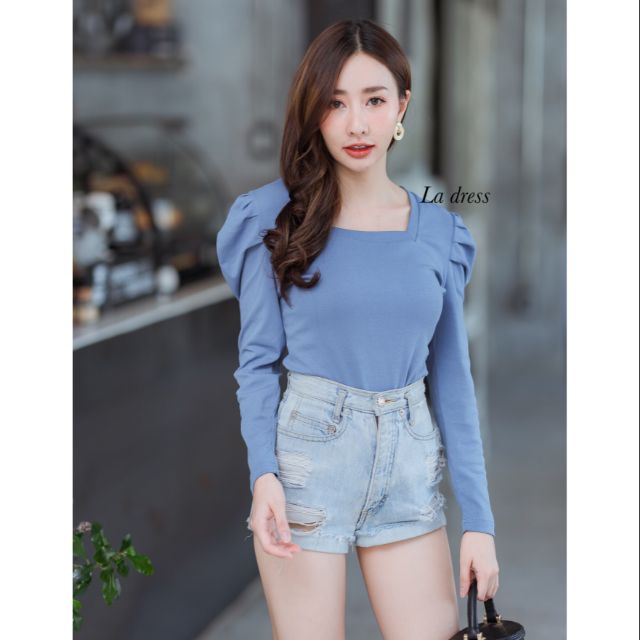 La​ dress​❤️ L32 [9892] 👚เสื้อคอเหลี่ยมแขนตุ๊กตาแขนยาว