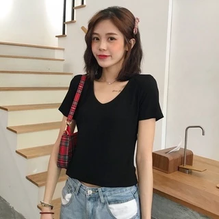 เสื้อยืดคอวี⛳️ผ้าสแปนเด็กซ์ สีพื้นสไตล์เกาหลีใส่สบายผ้านิ่ม #635