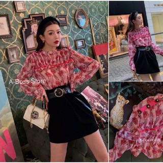 เสื้อแขนยาวชีฟอง ลายดอกไม้ Style Korea ช่วงหน้าอกแต่งอัดพลีท เทกเจอร์ตรงบ่าอะไหล่ ไฮโซ เพิ่มความหรูหรา
