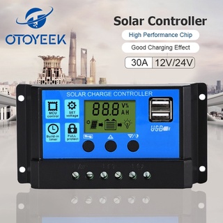 Otoyeek แผงควบคุมการเก็บประจุพลังงานแสงอาทิตย์ 30A 12V 24V หน้าจอ LCD ปรับได้ พร้อมพอร์ต USB PWM