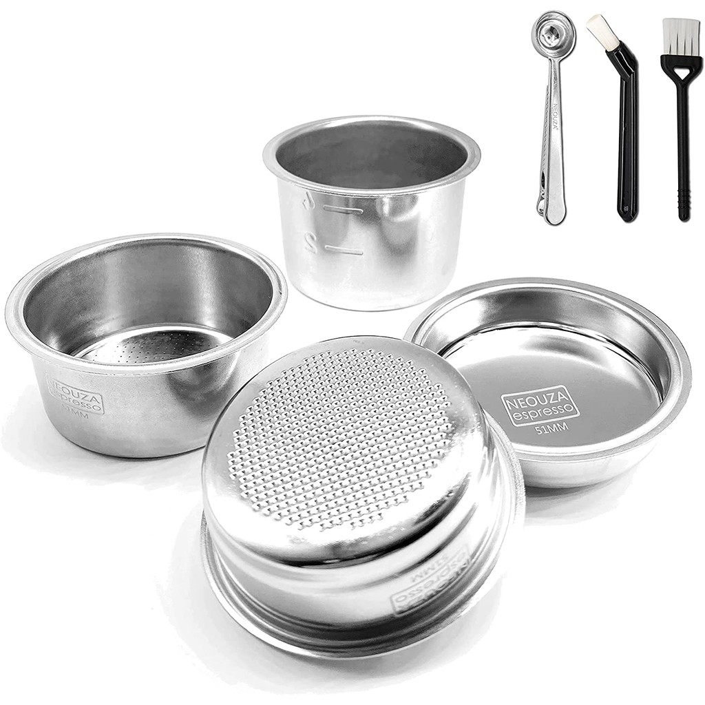 💎NEOUZA 51mm1/2/4Cups ชุดตะกร้ากรองกาแฟสแตนเลส (รวม 7 ชิ้น) 51mm For Coffee Bottomless Portafilter c