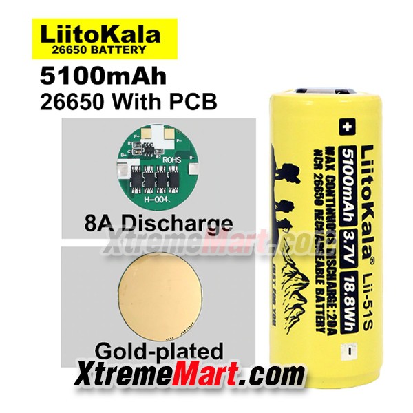 แบตเตอรี่ Liitokala LII-51S 26650 8A Li-ion battery 26650A 3.7V 5100mA with มีวงจรป้องกัน (ก้อนละ)