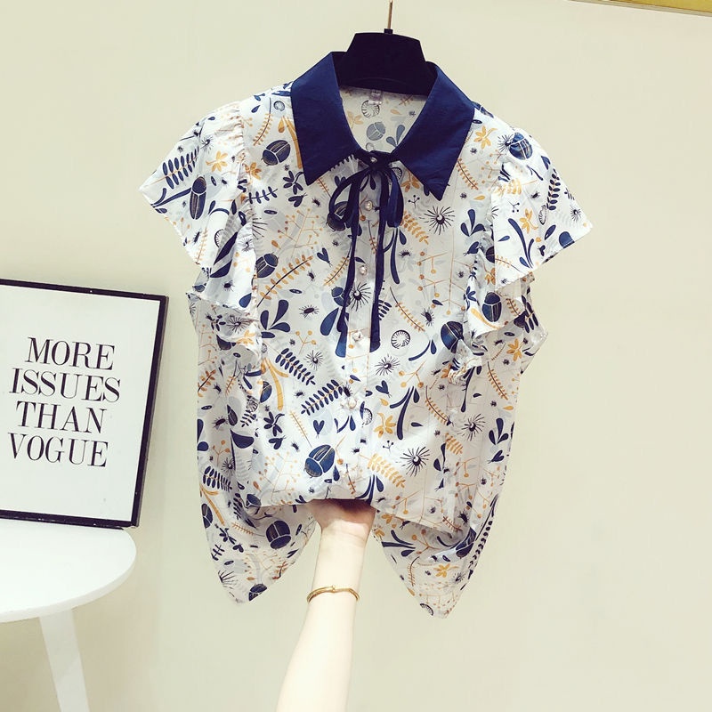 เสื้อเชิ้ตแขนสั้นผู้หญิง ผูกโบว์หน้า s-3xl ลายดอกไม้ สวยๆ แฟชั่นเกาหลี