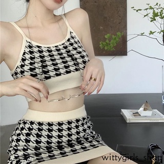 Wittygirls-shop_houndstooth ชุดเอี๊ยมกระโปรงสั้น ผ้าถัก ทรงสลิม สําหรับผู้หญิง