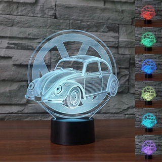 Volkswagen Beetle โคมไฟตั้งโต๊ะอะคริลิค LED ไล่โทนสี 3D 7 สี สําหรับตกแต่งบ้าน