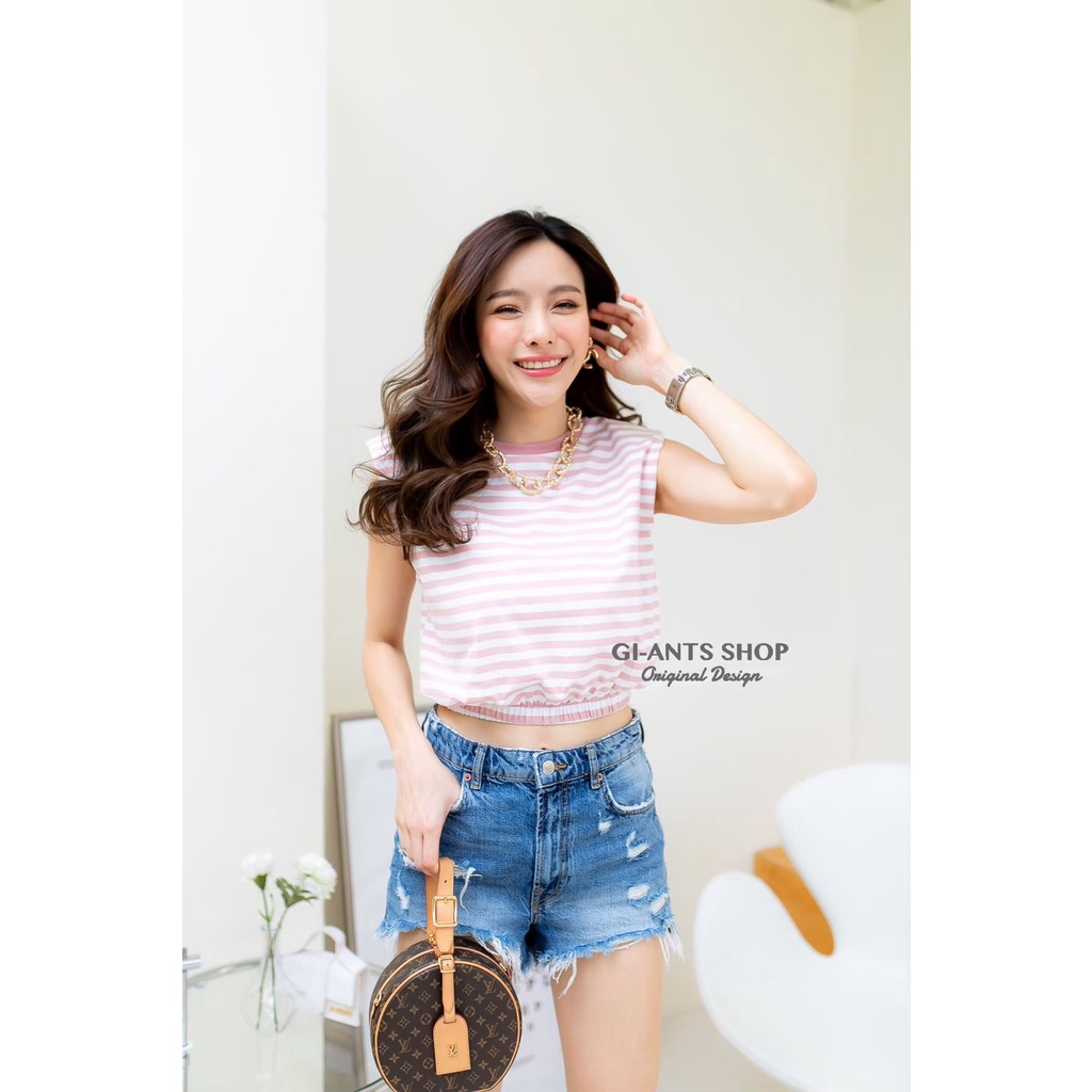 T-Shirtnista GI-ANTS​ เสื้อยืดคอกลมไหล่ล้ำเสริมบ่า​ ลายริ้ว​ ผ้าคอทตอล T-Shirtnista (GIAA3B)