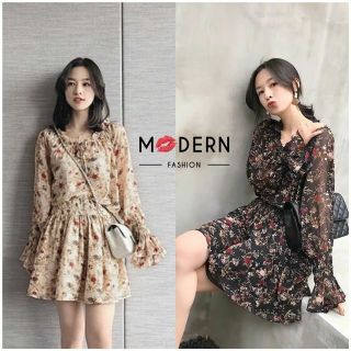 เซต 2 ชิ้น เสื้อ พิมลาย แขนระบาย คอใส่ได้2 แบบ ปาดไหล่ หรือใส่ แบบคอตุ้กตา มา คู่กับ เดรส ทรงเอ ตียางสม็อค