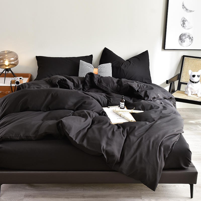 4 In 1 Black Color Bed Sheet Set Plain, Black King Size Bedding Sets