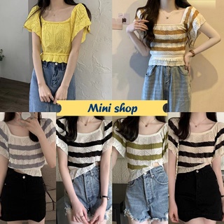 Mini shop🌸พร้อมส่ง🌸(6Y003) เสื้อถักไหมพรมแขนสั้น ดีเทลแขนระบายใส่ได้2แบบน่ารัก