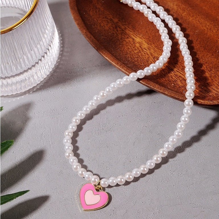 สร้อยไข่มุกจี้หัวใจชมพู Pink Heart Pendant Pearl Necklace