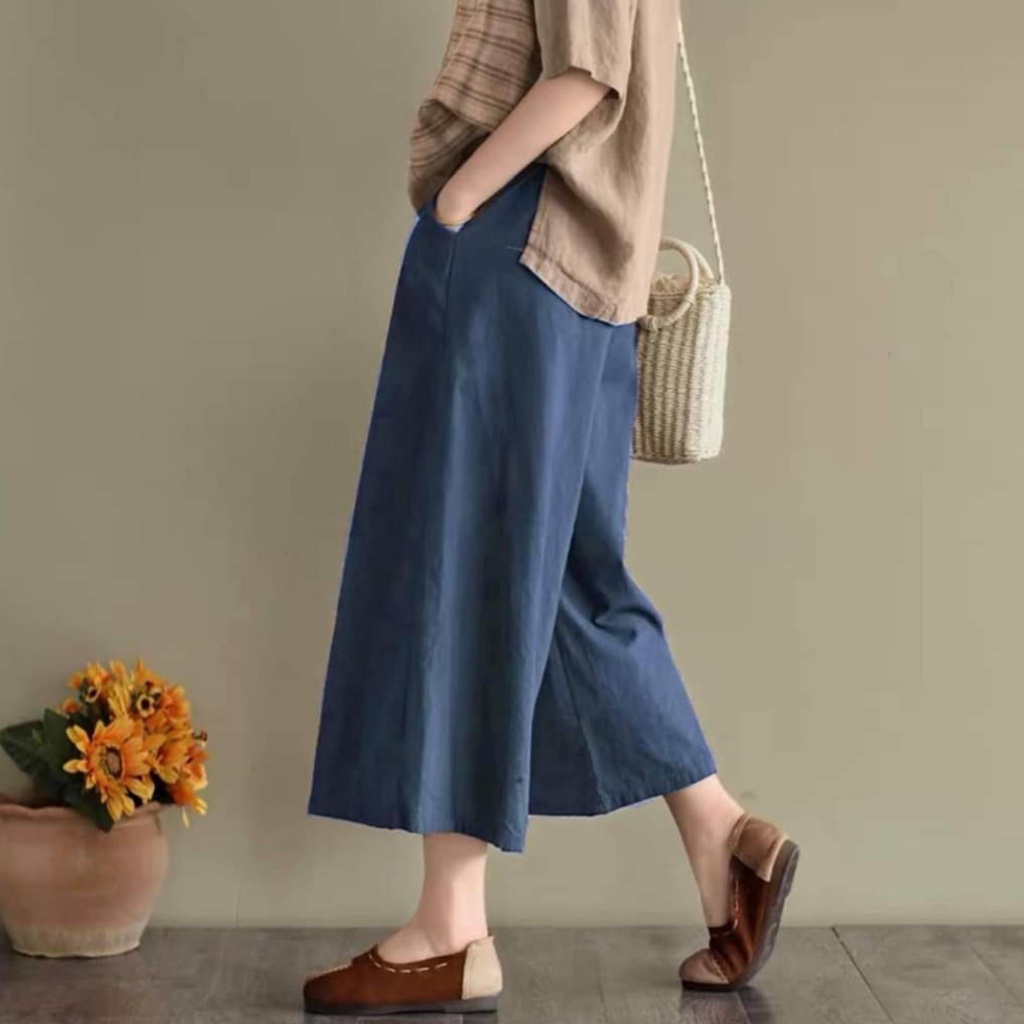 กางเกงผ้าฝ้ายผสมผ้าลินินขาบาน ขา 7 ส่วน 8 ส่วน สาวอวบอ้วน เสื้อผ้าสาวอวบ​ผู้หญิงเอวสูง ขาใหญ่​