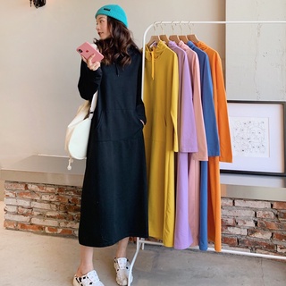 🌈Korean GINA🌈 ชุดเดรสยาว Uniqlo สีทึบ ผ้าฝ้าย แขนยาว ที่คลุมด้วยผ้า สีน่ารัก สไตส์เกาหลี