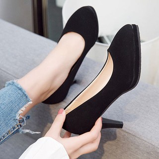 📌Size:34-41👠โฟร์ซีซั่นส์รองเท้าเดียวรองเท้าทำงานผู้หญิงสีดำหัวกลมส้นหนาส้นสูง รองเท้าส้นสูง มีส้นสูง📌5/7cm