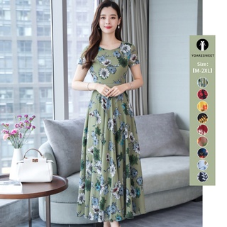 Floral Print Round Neck Short Sleeve Loose Long Skirt Mommy Dress Yoaresweet