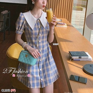 เดรสลายสก๊อต สีฟ้า คอบัว Mini Dress check / plaid / tartan