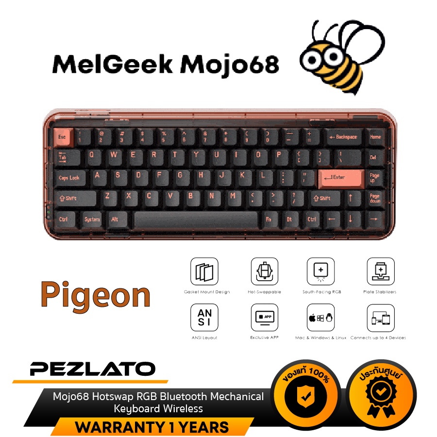 Melgeek Mojo68 Hotswap RGB Bluetooth Mechanical Keyboard Wireless (สี Pigeon)(คีย์ ENG)