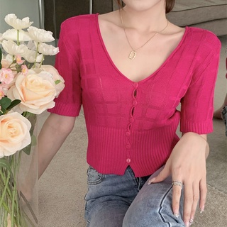 Suxi เสื้อท็อปแขนสั้น คอวี ผ้าถัก เข้ารูป ลายสก๊อต เข้ากับทุกการแต่งกาย สไตล์วินเทจ แฟชั่นฤดูร้อน สําหรับผู้หญิง