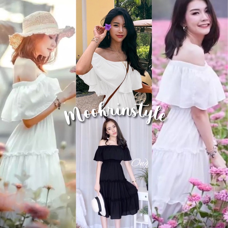 มินิเดรสเลยเข่า เดรสปาดไหล่ แต่งระบายเป็นเลเยอร์ สวยมาก ความยาวเลยเข่า มีหลายสี เดรสโบฮีเมียน เดรสสาวอวบ