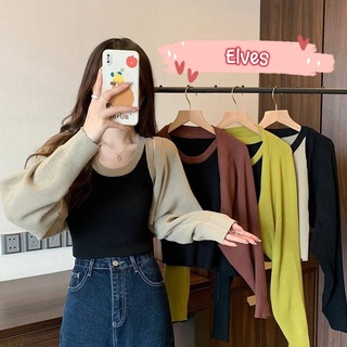 Elves✨พร้อมส่ง✨ เสื้อกล้าม+เสื้อคลุมไหมพรม สีพื้นใส่สบายผ้านิ่มสไตล์เกาหลี ~39133+39133-1~ -C