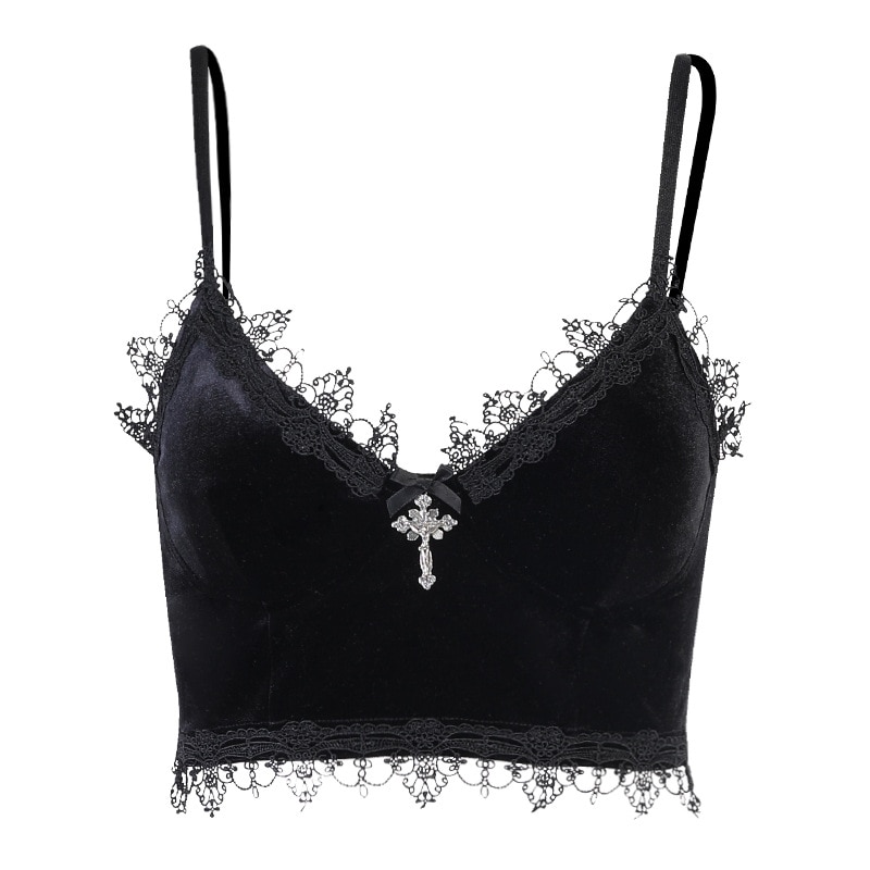 Velvet Y2k Mall Goth Crop Tops Black Lace Trim Emo Alternative Aesthetic Crop Tops Women Backless Sexy Strap Tanks 981