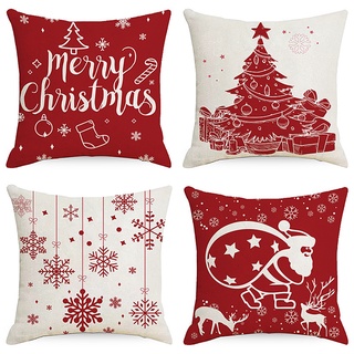 ปลอกหมอน ผ้าฝ้าย ผ้าลินิน ลาย Merry Christmas สีแดง ขนาด 70×70 60×60 50×50 45×45 40×40