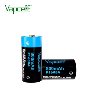 ถ่านชาร์จ Vapcell P1608A RCR123A INR16340 800mAh 3.6V ชาร์จผ่าน USB ของแท้