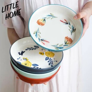 LITTLEHOME CE104 จานเซรามิค ลายดอกไม้ ใบไม้ ขนาด 20 ซม จาน ชาม ชามสลัด จานชาม จานเซรามิก จานข้าว จานกระเบื้อง