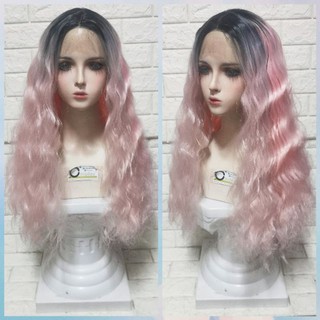 วิกทอมือ​ ไรผมด้านหน้า​ สีชมพูลอนโคนดำ​ Lace front wig pink (พร้อมส่ง1)​