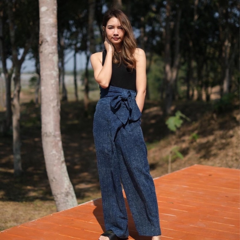 ✨ใส่โค้ด MALI69  ✨ กางเกงขายาวมัดป้ายหน้า เนื้อผ้าฝ้ายเยื่อไผ่ขัดสโตน