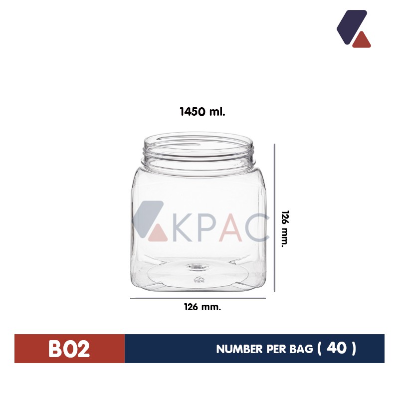 [ขายยกลัง 40 ใบ] โหลเหลี่ยมฝาเกลียว รุ่น B02 ขนาด 1,450 ml.  กระปุกใส่ขนม กระปุกของดอง ใส่ของ