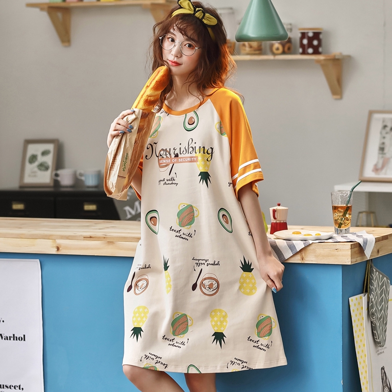 ชุดนอนเกาหลีสตรีชุดนอนผ้าฝ้ายฤดูร้อนบางน่ารักกลางความยาวสไตล์เกาหลีแขน ...
