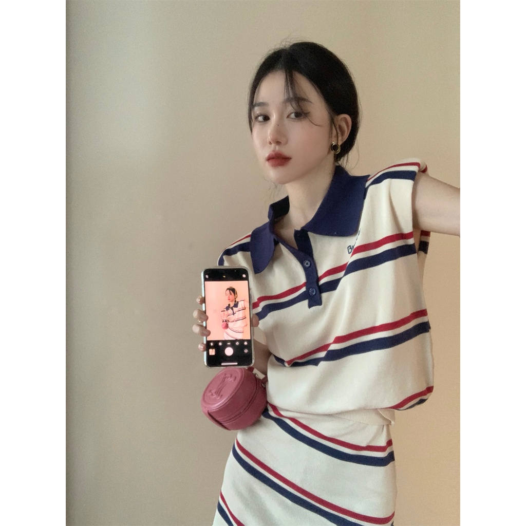 Xiaozhainv ชุดมินิเดรสกระโปรงถัก แขนกุด เอวสูง ทรงเอ ลายทาง แฟชั่นฤดูร้อน สําหรับสตรี