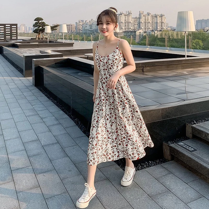 SGH0048 เดรสยาวลายดอกไม้สีแดง กระโปงพริ้ว ผ้านิ่มใส่สบาย