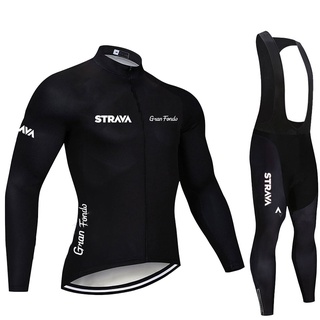 Strava Pro Team เสื้อปั่นจักรยาน แขนยาว เอี๊ยมกางเกง ชุดปั่นจักรยานเสือภูเขา ชุดยูนิฟอร์มผู้ชาย