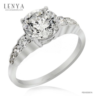 Lenya Jewelry แหวนดีไซน์เรียบหรู หัวแหวนประดับเพชร DiamondLike ตัวเรือนเงินแท้ชุบทองคำขาว