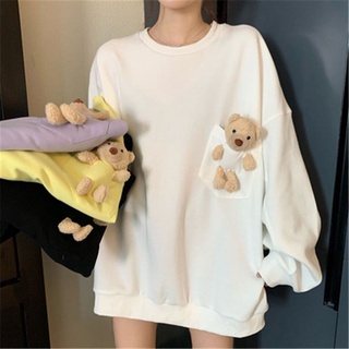 ใหม่ Bear Pocket เสื้อผู้หญิงหลวมเกาหลีแขนยาว T-Shirt-SH6021