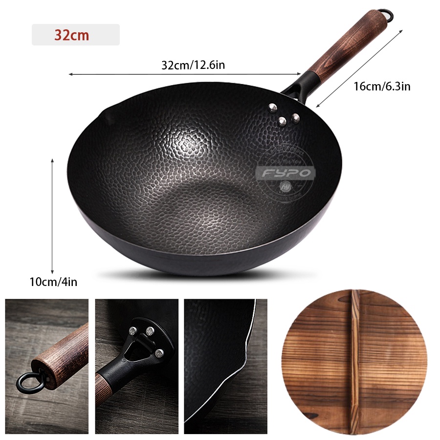 ┅32 cm Non-Coating Iron Pot  cast iron pan General use for Gas and Induction Cooker Chinese Wok Cookware Pan Kitchen Too