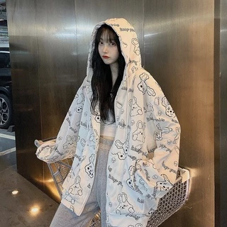 fashiong เสื้อกันหนาวแขนยาวพิมพ์การ์ตูนมีกระเป๋ามีฮู้ดและซิปกลางลายน่ารักมากๆ สไตล์แคมปัส เรียบง่าย